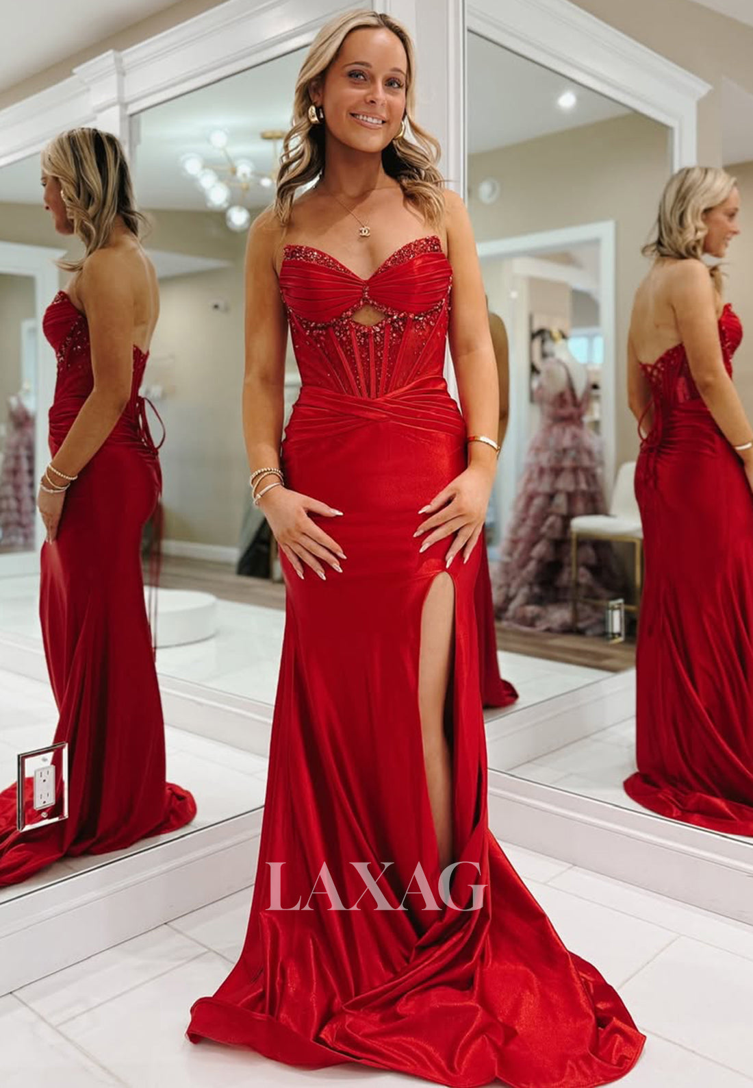 Off-Shoulder Sweetheart Sequined Formal Gowns Sleeveless Pleated Satin Mermaid Prom Dress