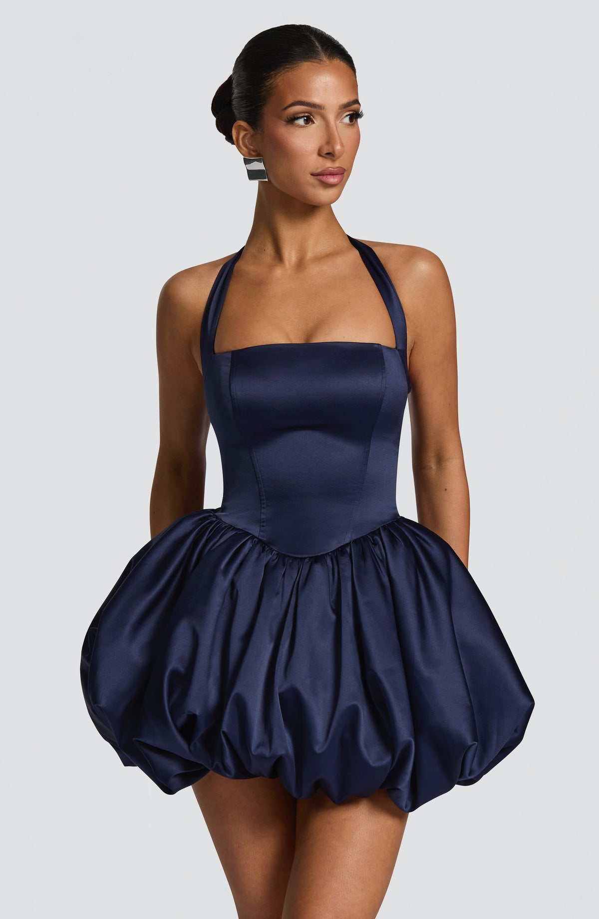 Satin Halter Neck Corset Bodice Bubble Hem Mini Dress