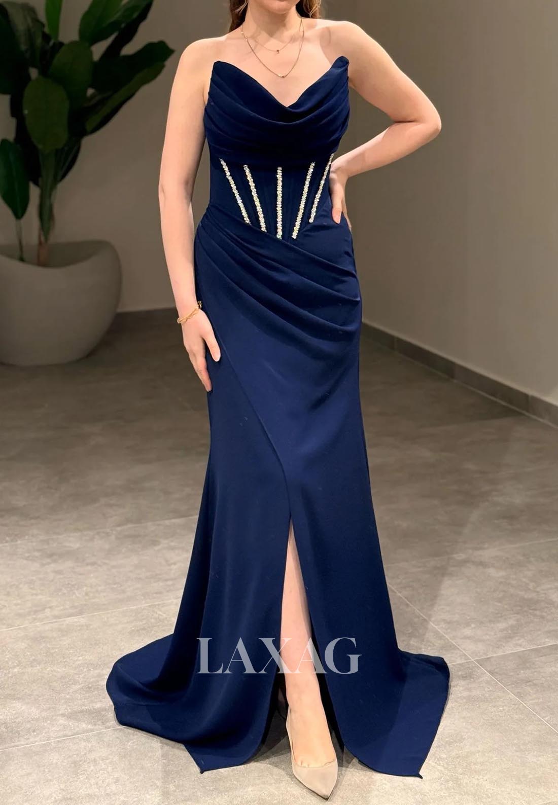 Scoop-Neck Off-Shoulder Pleated Satin Mermaid Evening Dress Sleeveless Beaded Formal Gowns