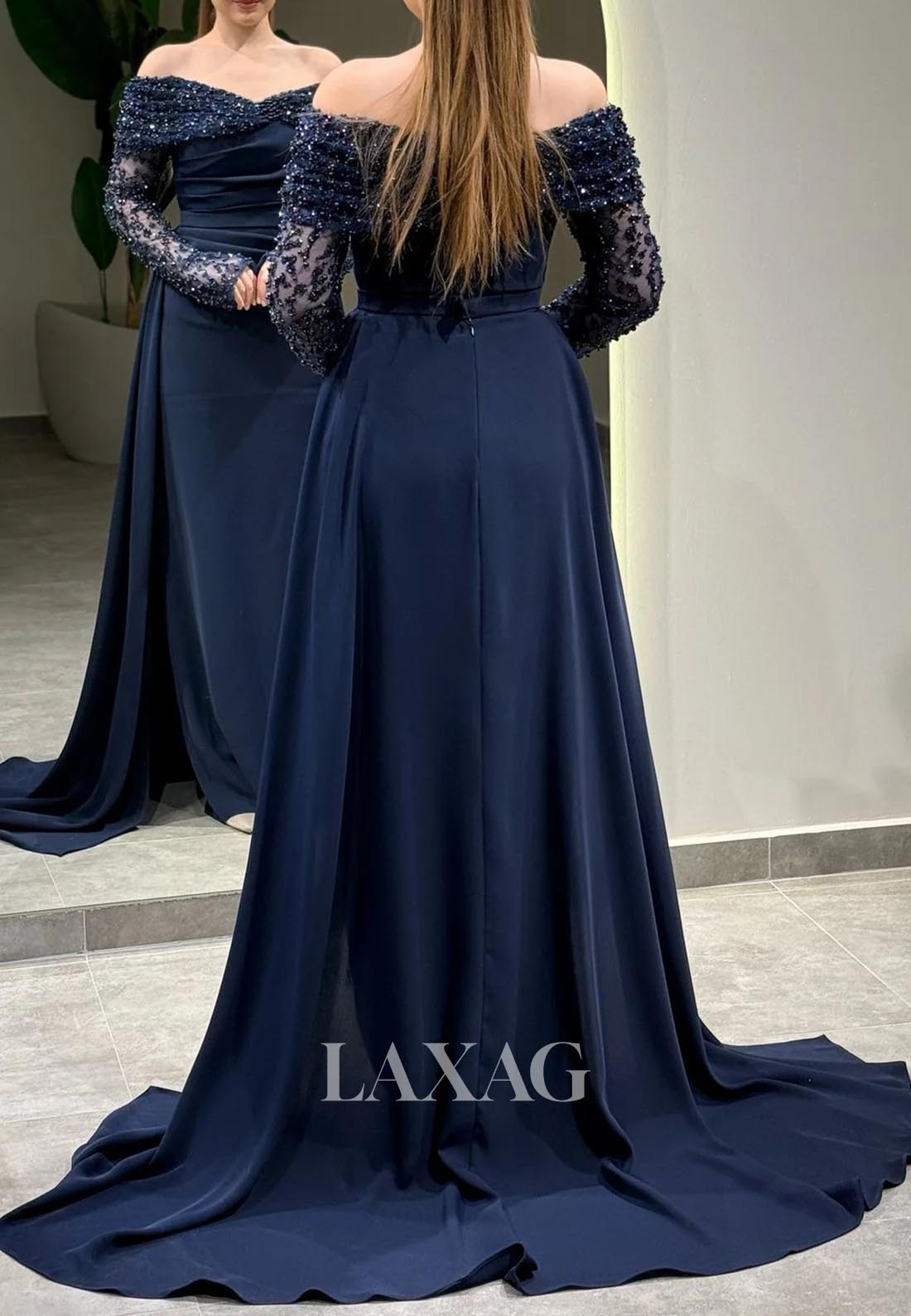 Sweetheart Long-Sleeves Beaded Formal Gowns Pleated Sweep Train Mermaid Evening Dress