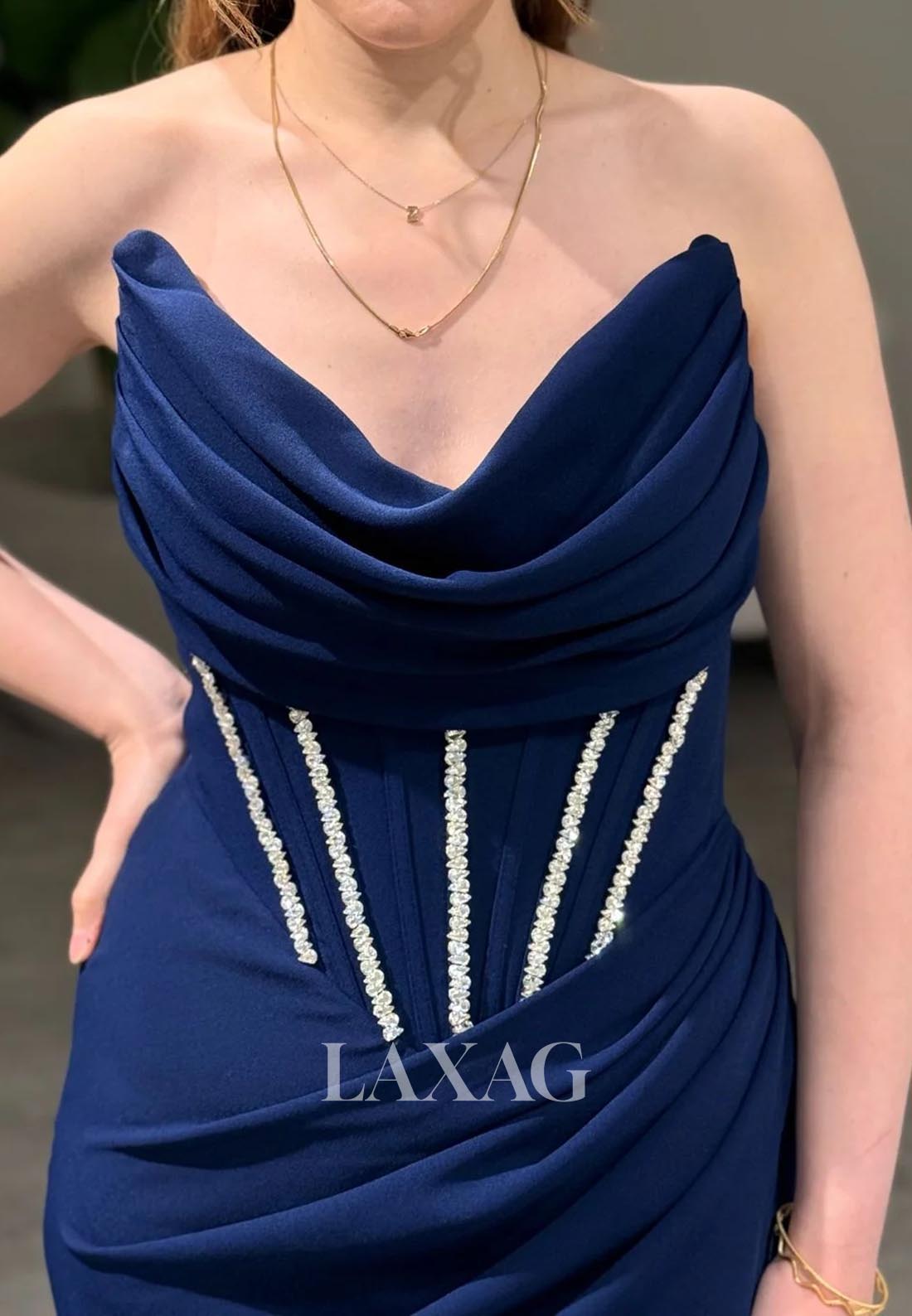 Scoop-Neck Off-Shoulder Pleated Satin Mermaid Evening Dress Sleeveless Beaded Formal Gowns