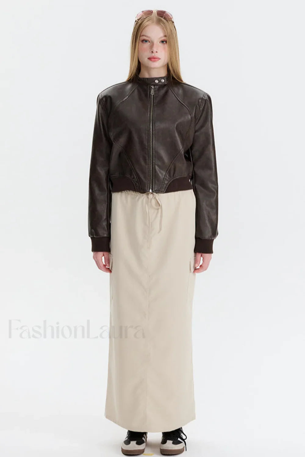 PU Leather Zip Up Bomber Jacket Brown / S