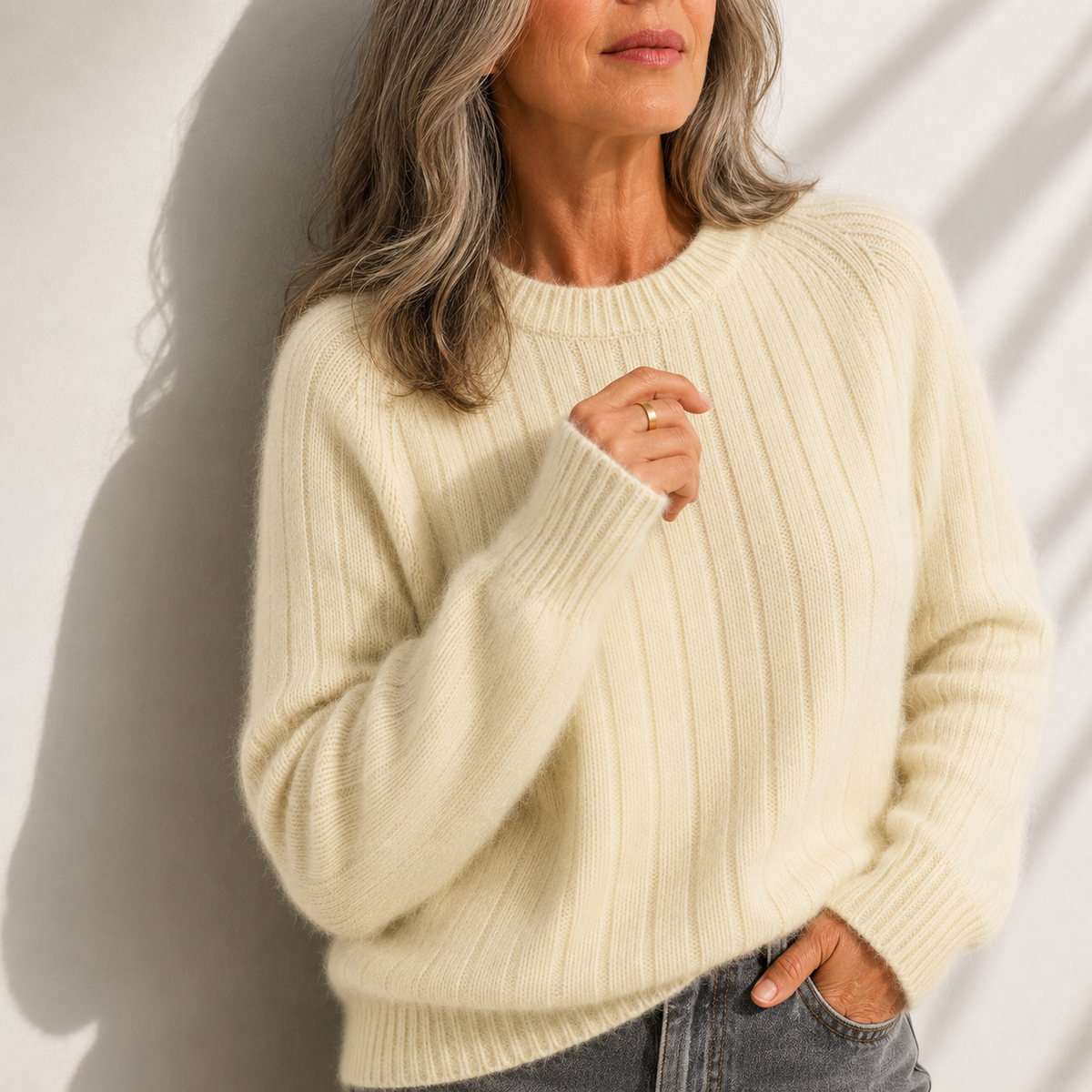 Crew Neck Ribbed Fuzzy Knit Sweater