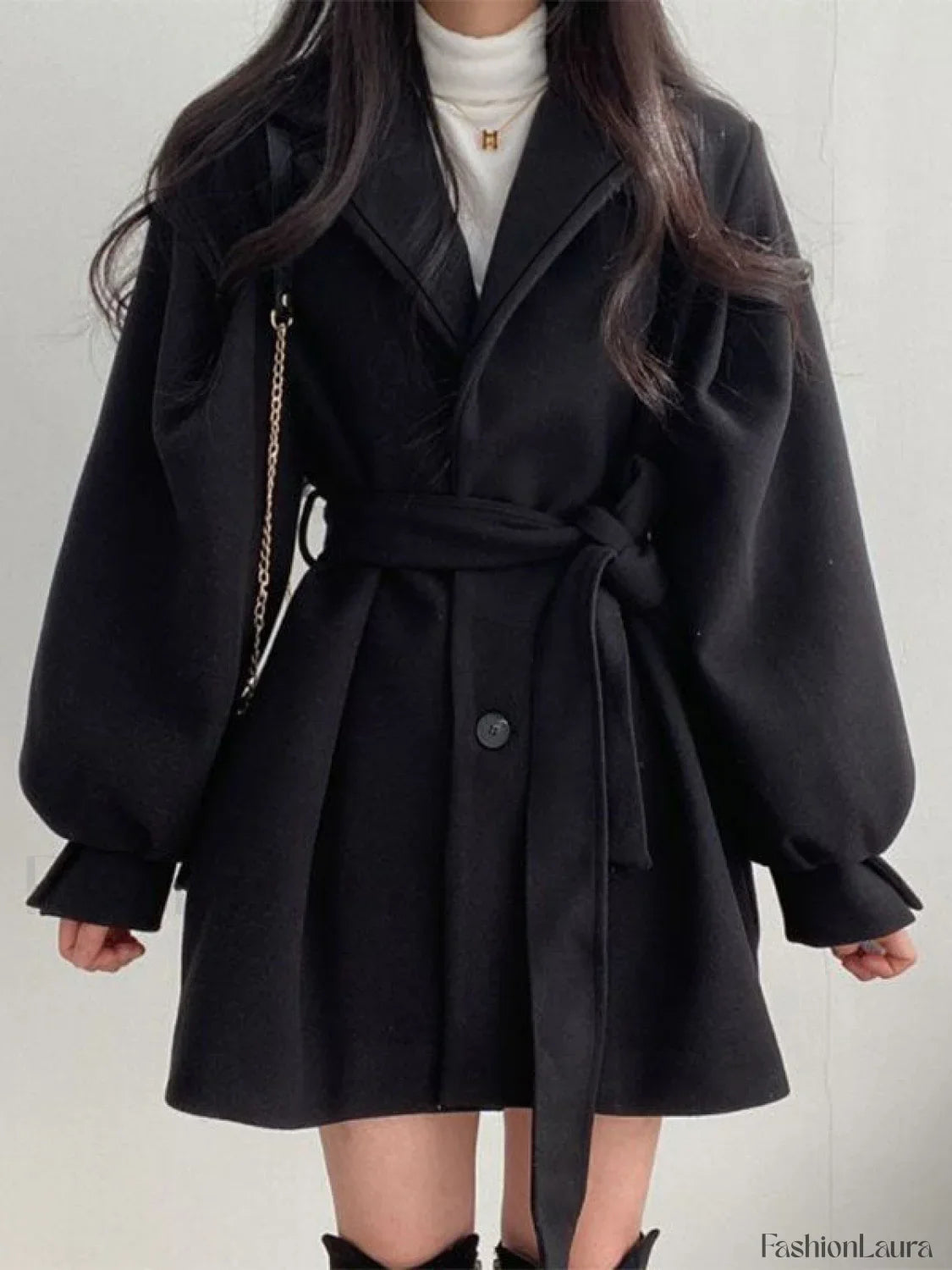 Puff Sleeve Belted Woolen Coat