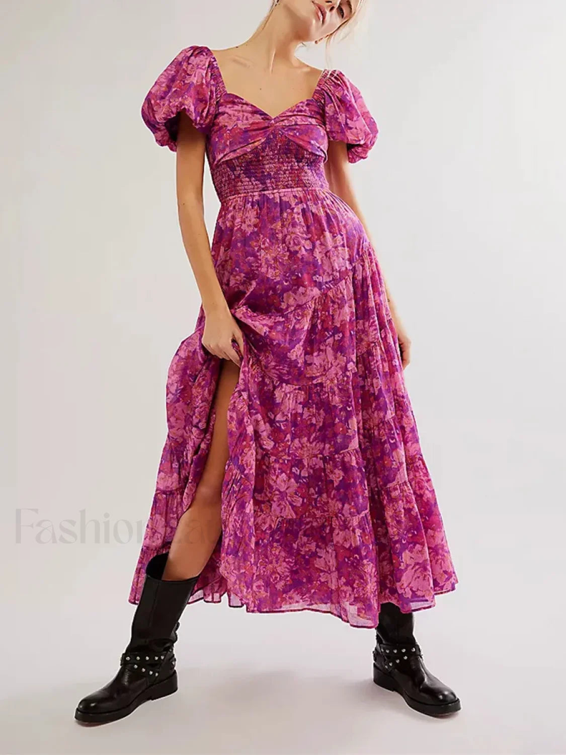 Puff Sleeve Floral Flowy Maxi Dress