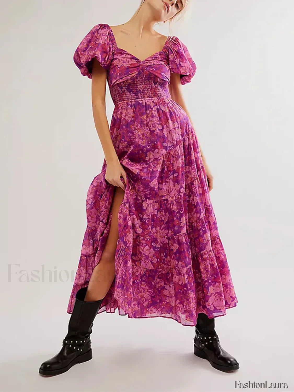 Puff Sleeve Floral Flowy Maxi Dress