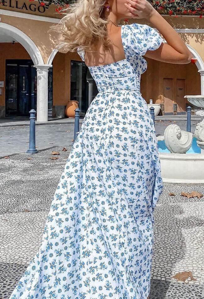 Blue Retro Puff Sleeve Floral Maxi Dress