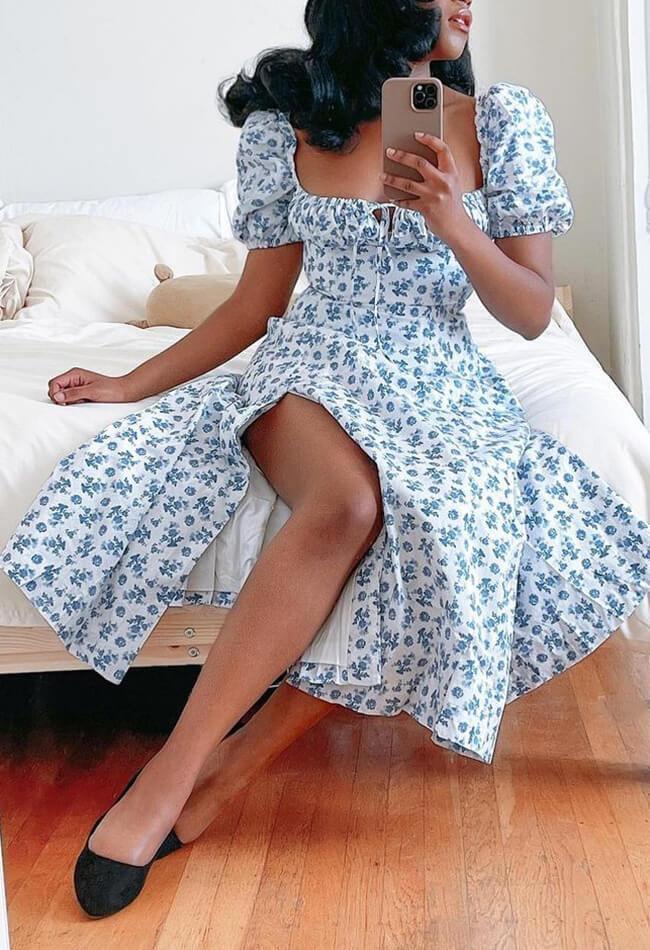 Blue Retro Puff Sleeve Floral Maxi Dress