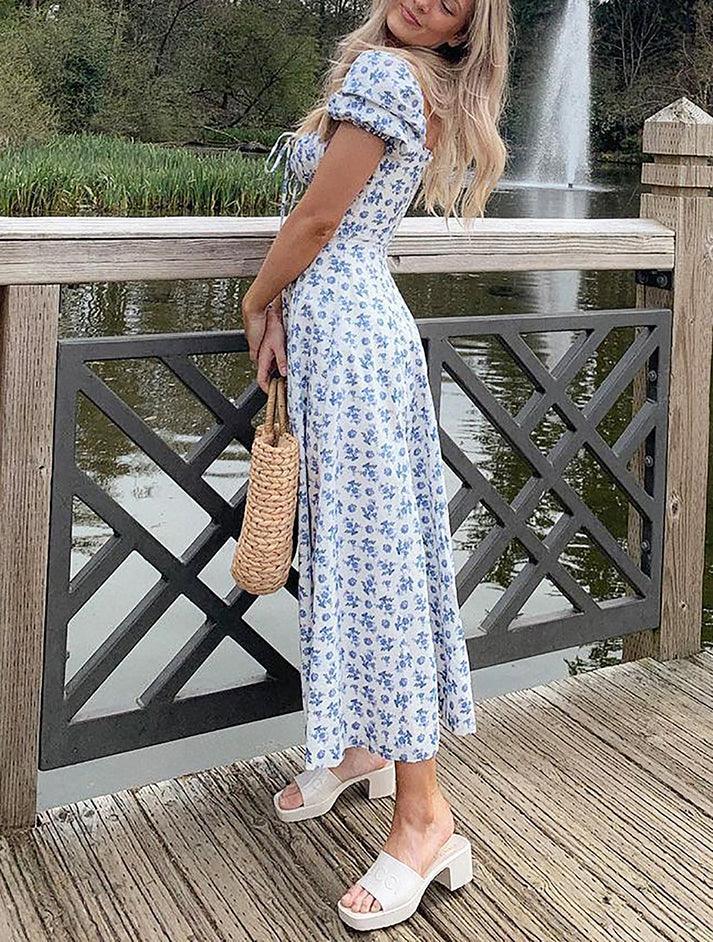 Blue Retro Puff Sleeve Floral Maxi Dress