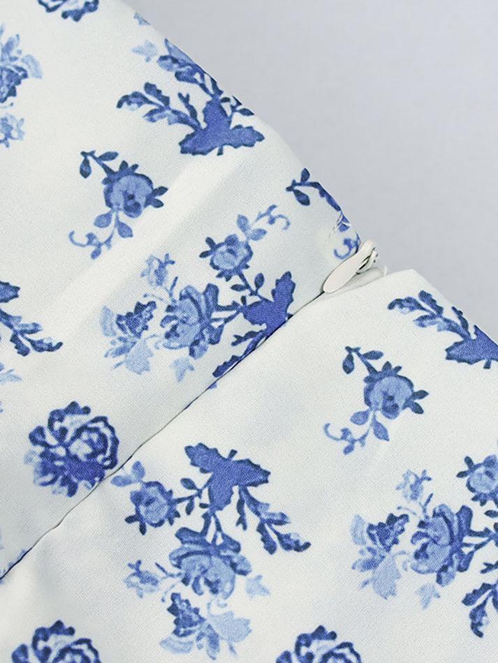 Blue Retro Puff Sleeve Floral Maxi Dress