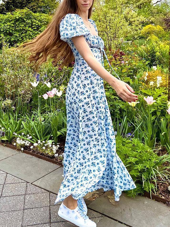 Blue Retro Puff Sleeve Floral Maxi Dress