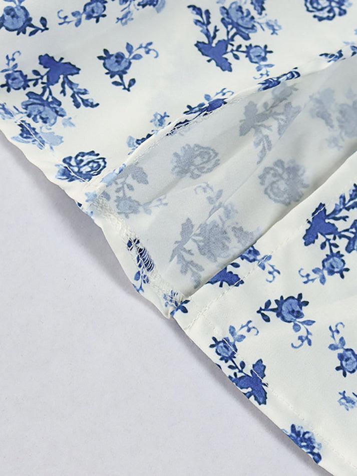 Blue Retro Puff Sleeve Floral Maxi Dress