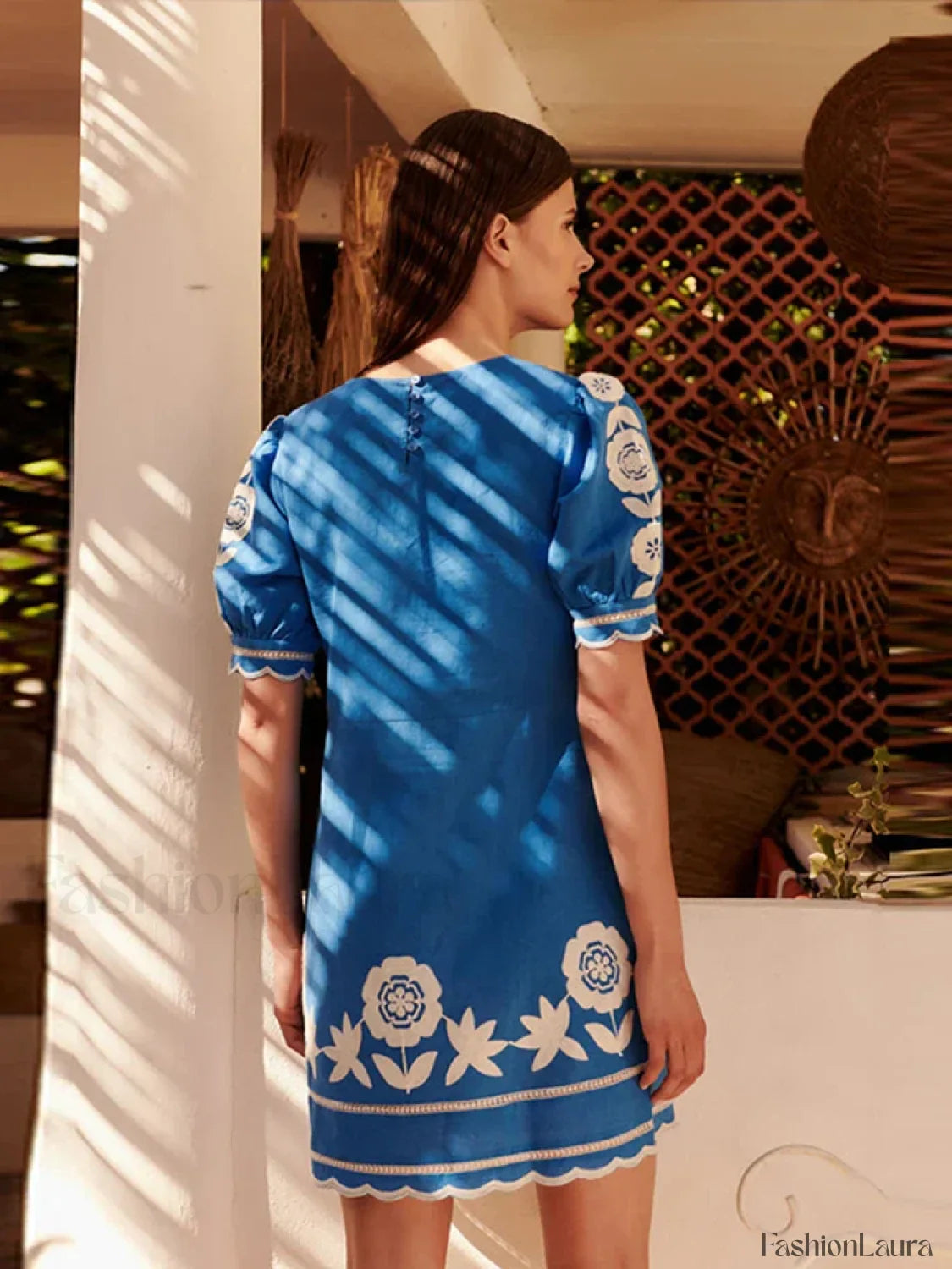 Puff-Sleeve Wave-Hem Boho Dress