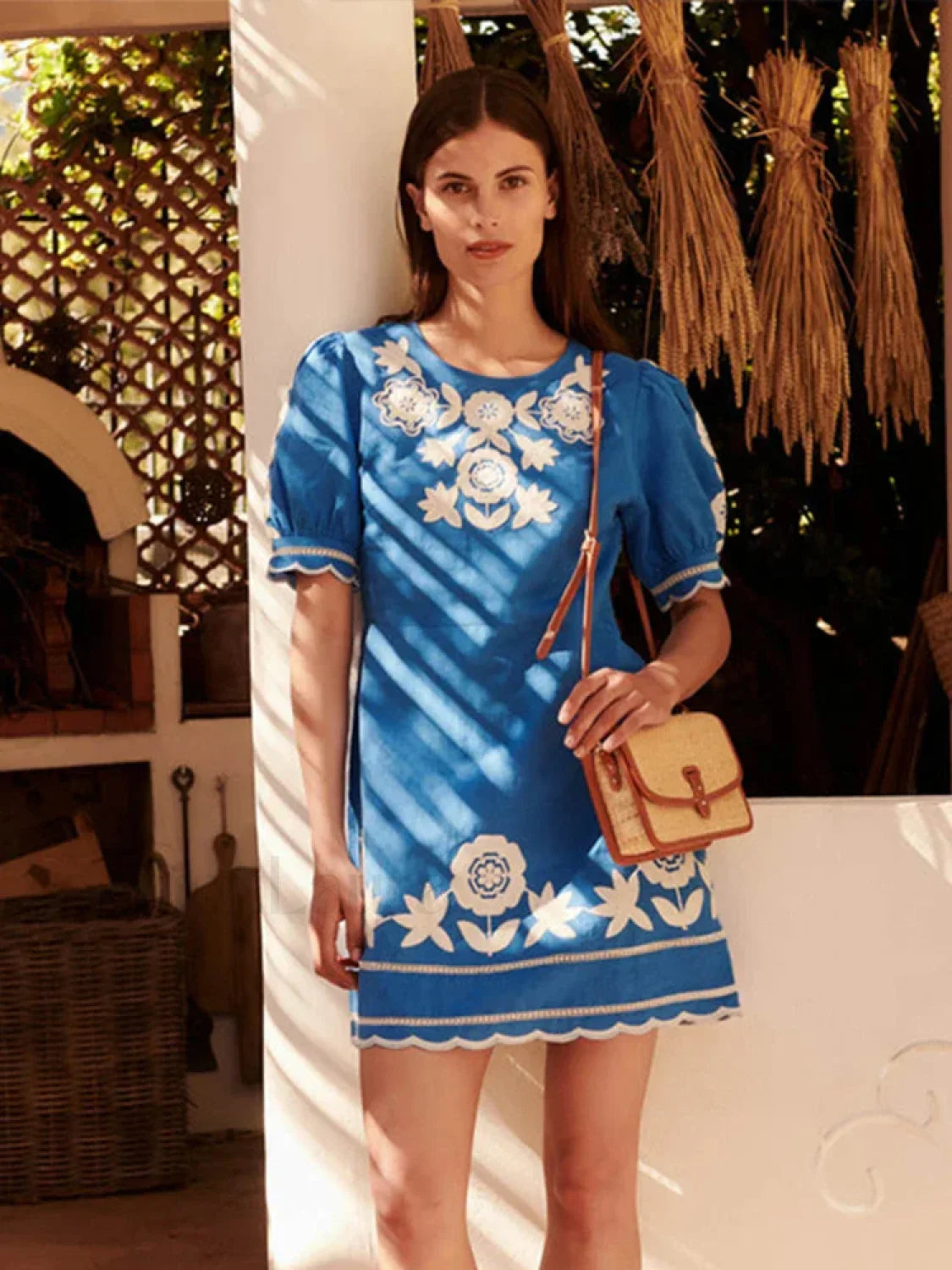 Puff-Sleeve Wave-Hem Boho Dress