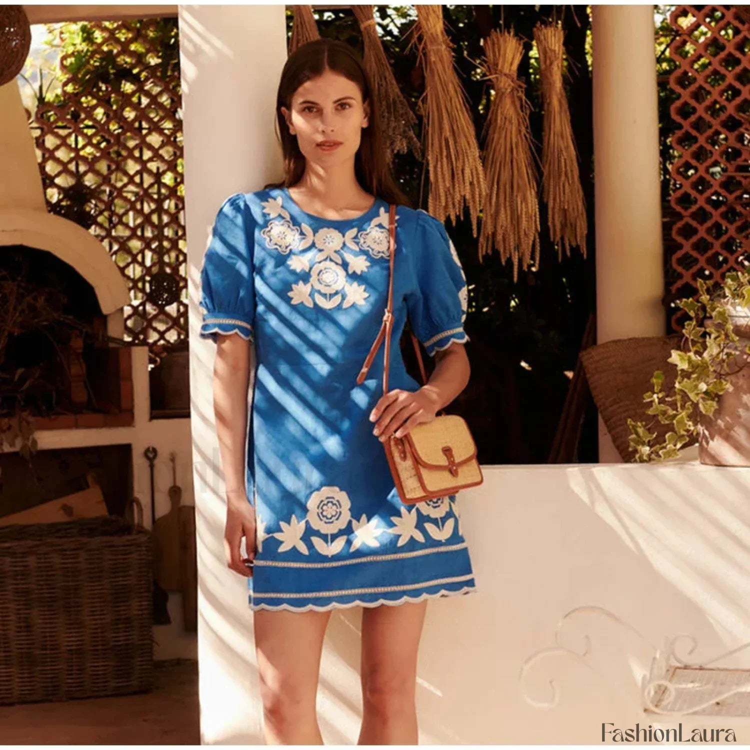 Puff-Sleeve Wave-Hem Boho Dress