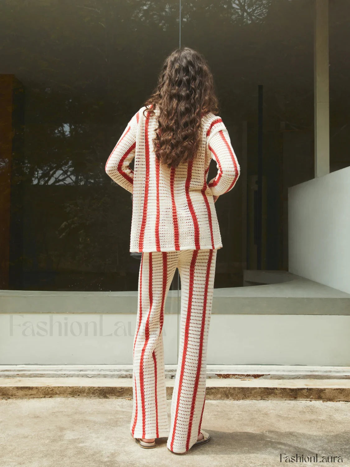 Puglia Stripe Crochet Long Modern Sleeve Two Piece Pants Set