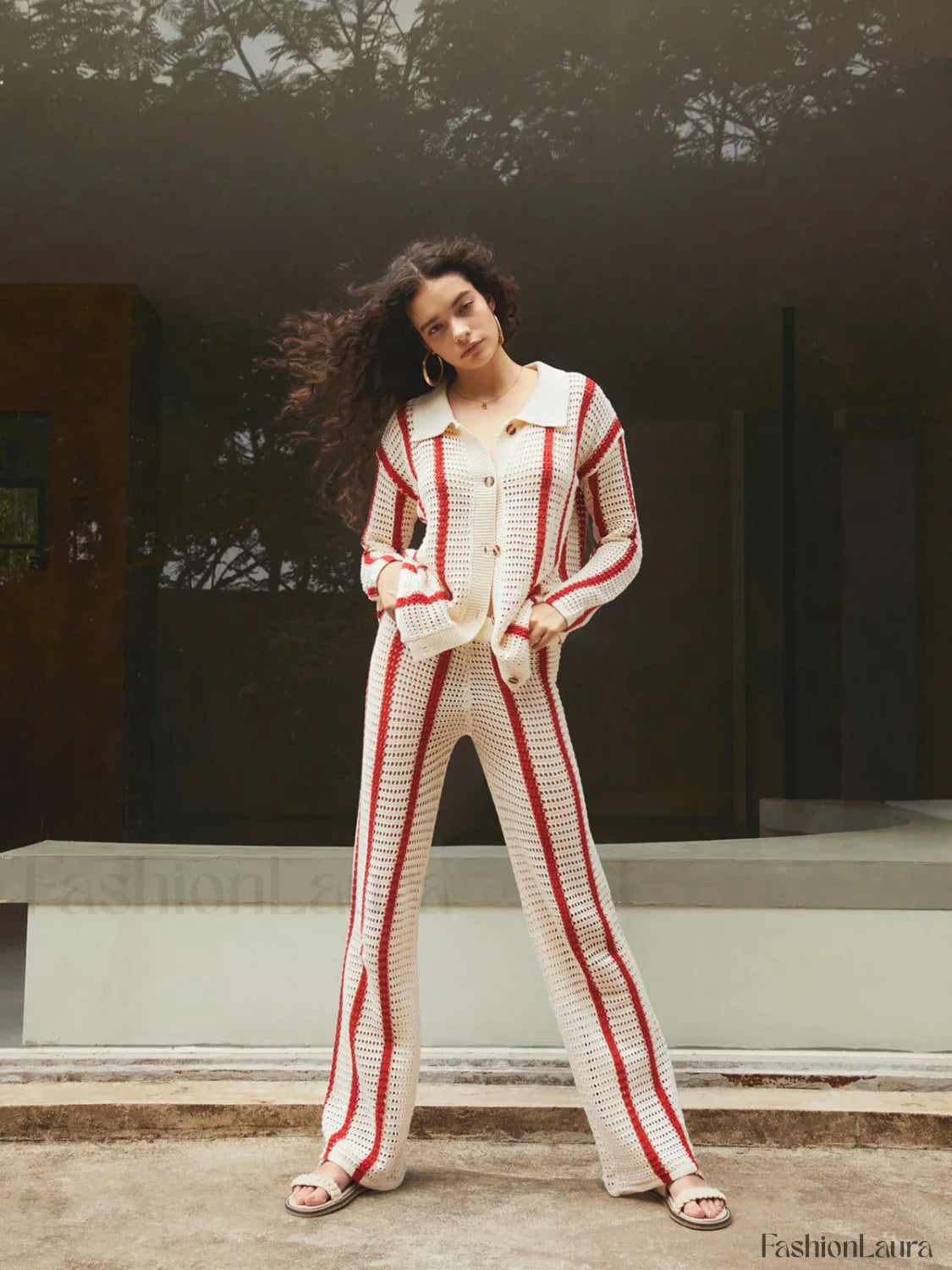 Puglia Stripe Crochet Long Modern Sleeve Two Piece Pants Set