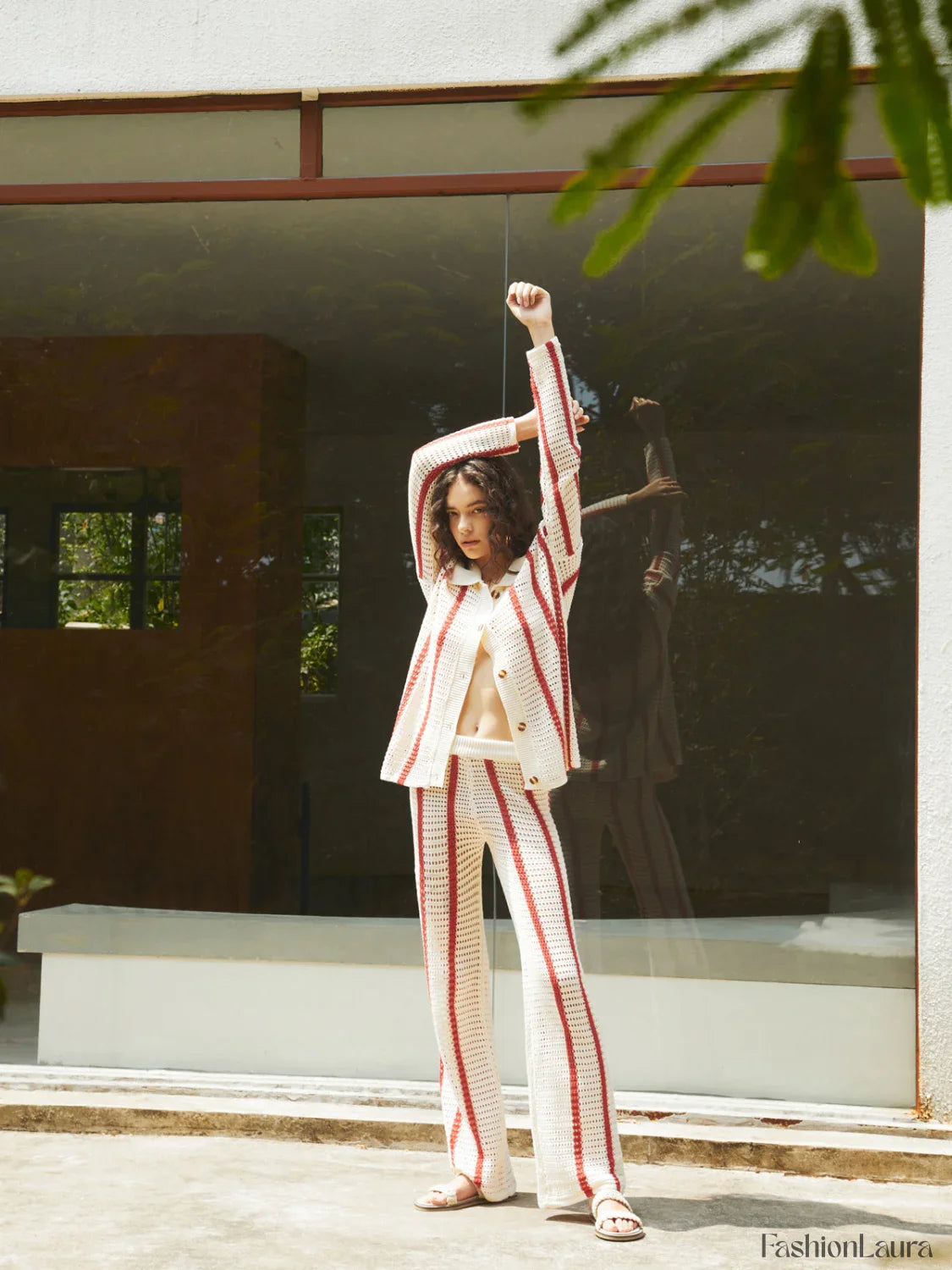 Puglia Stripe Crochet Long Modern Sleeve Two Piece Pants Set