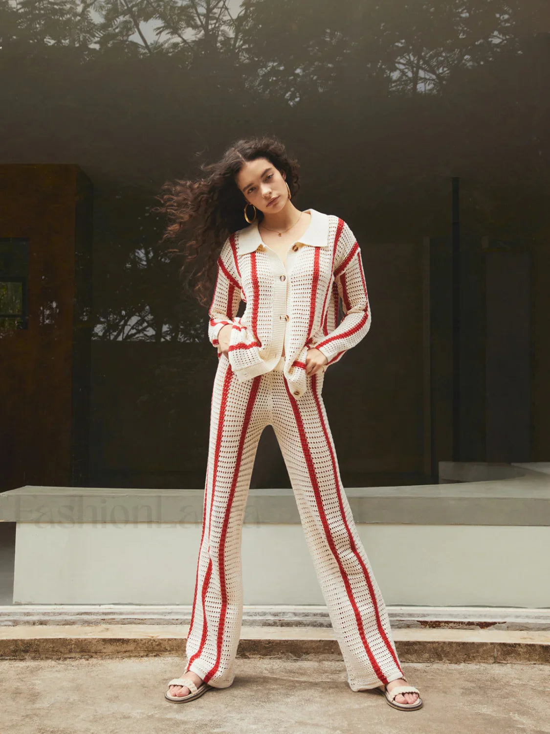 Puglia Stripe Crochet Long Modern Sleeve Two Piece Pants Set