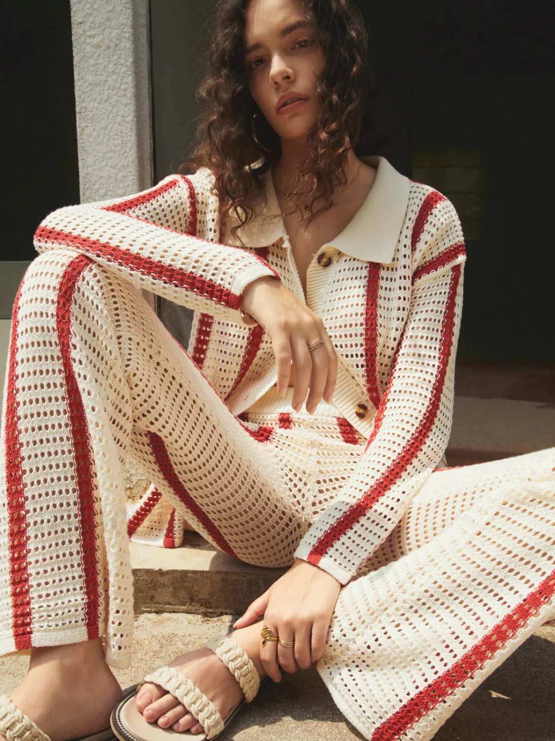 Puglia Stripe Crochet Long Modern Sleeve Two Piece Pants Set