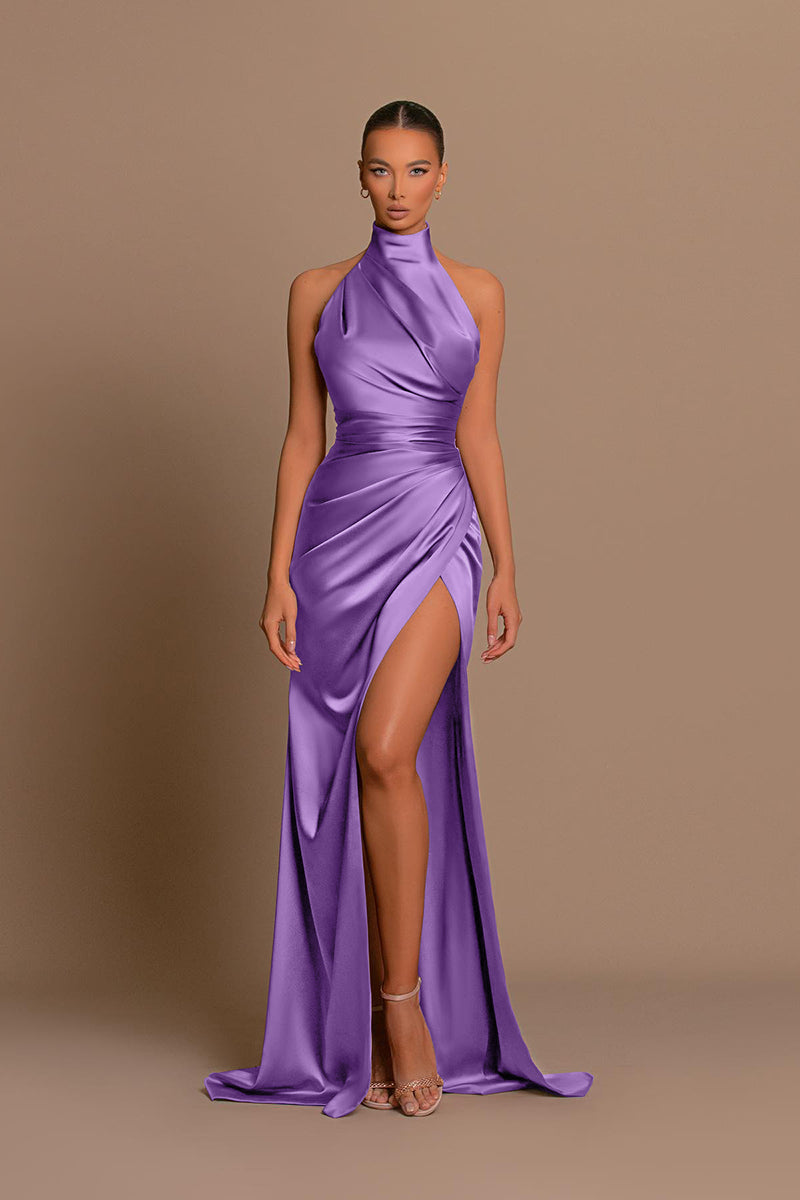 L1442 - High Neck Halter Ruched Satin Long Prom Evening Formal Dress With Slit