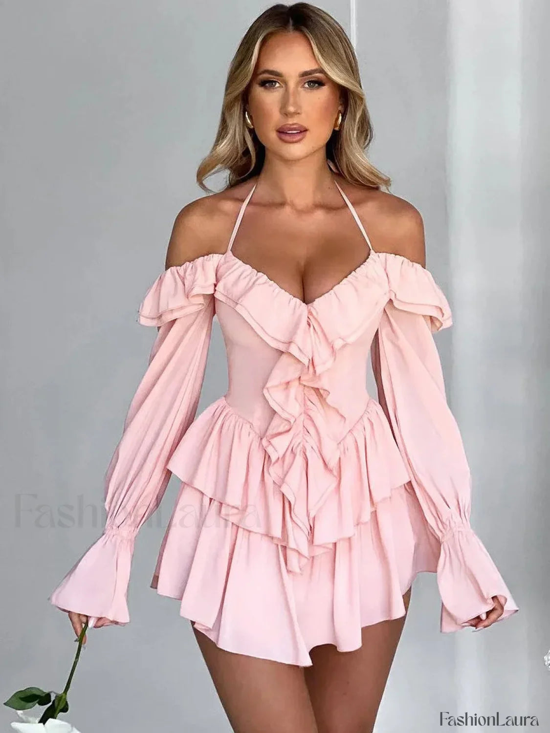 Pure Color Flare Sleeve Mini Dress