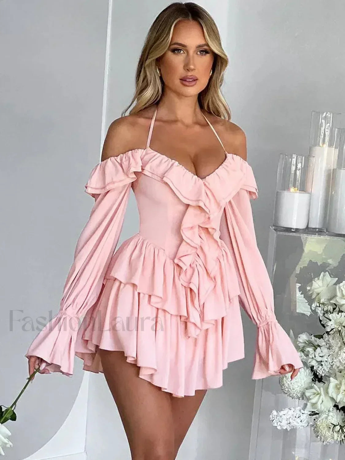 Pure Color Flare Sleeve Mini Dress