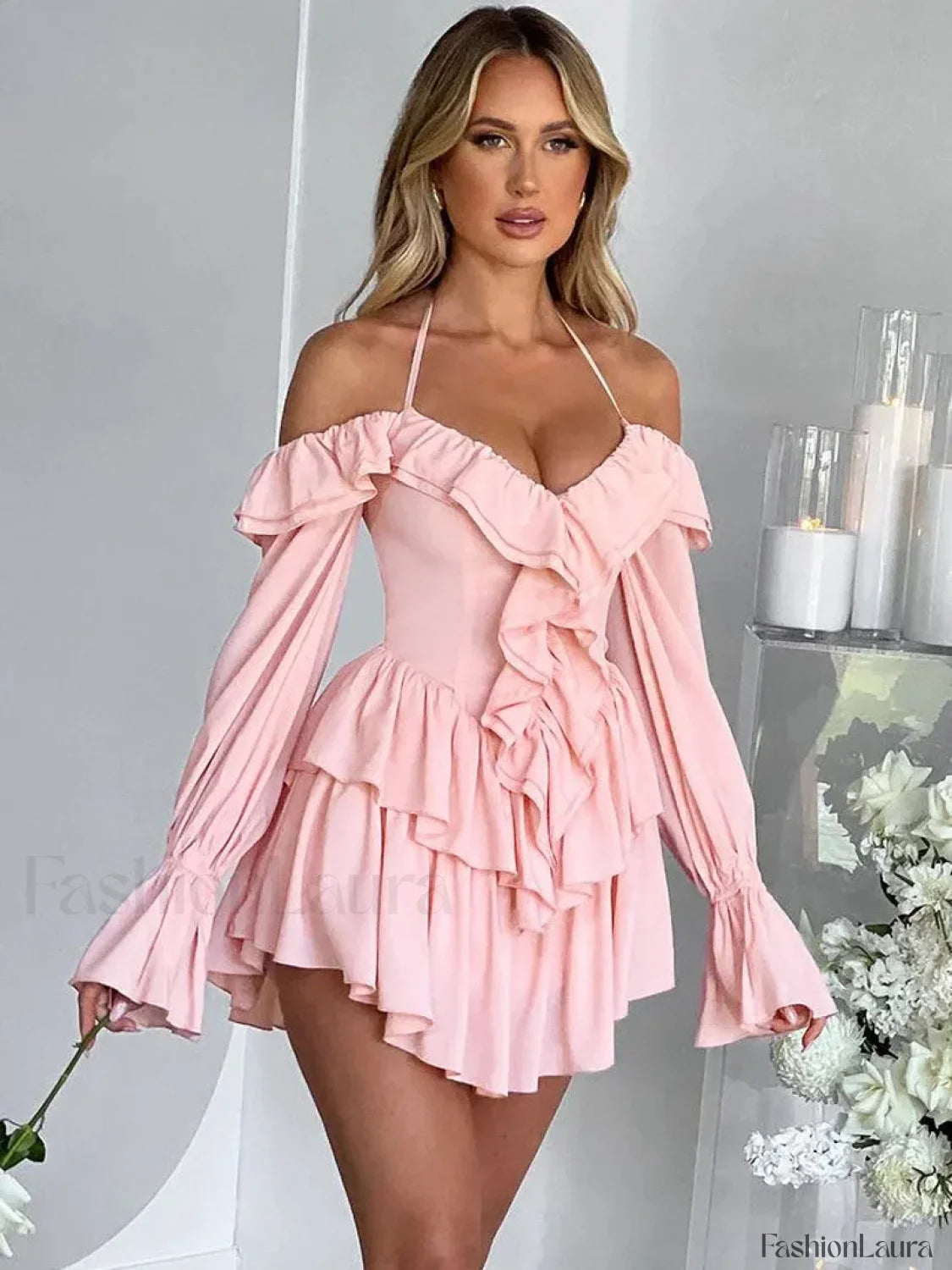 Pure Color Flare Sleeve Mini Dress