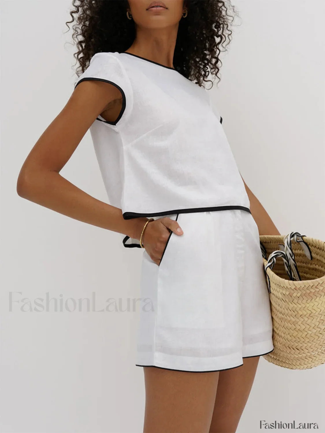 Pure Cotton Contrast Trendy Trim Shorts Set