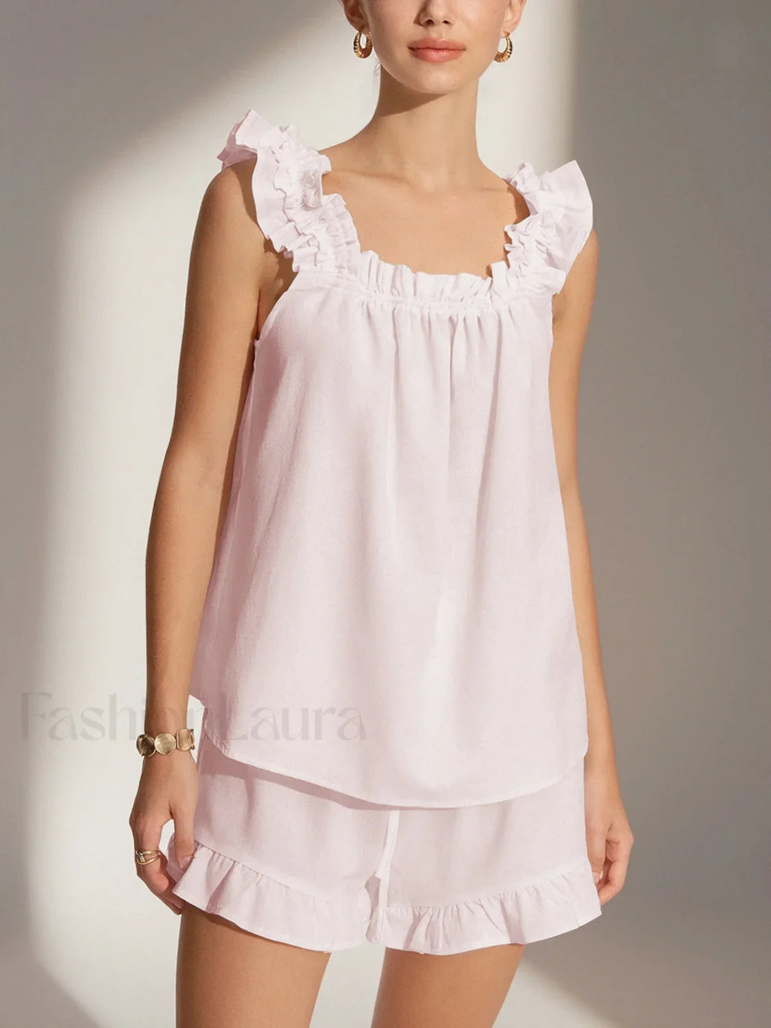 Pure Cotton Ruffle Shorts Set Pink / XS Short Sets