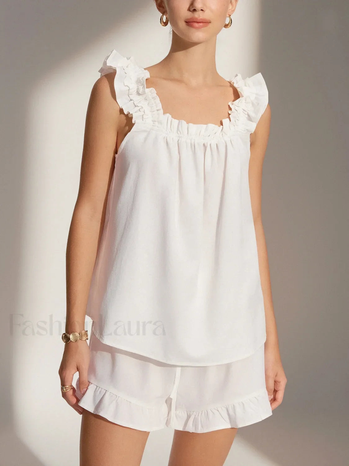 Pure Cotton Ruffle Shorts Set White / XS Short Sets