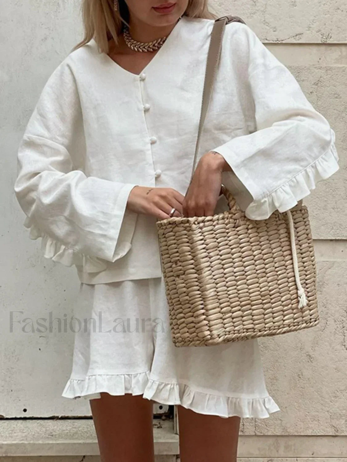 Pure Cotton Ruffle Trendy Decor Shorts Set Off White / XS Short Sets