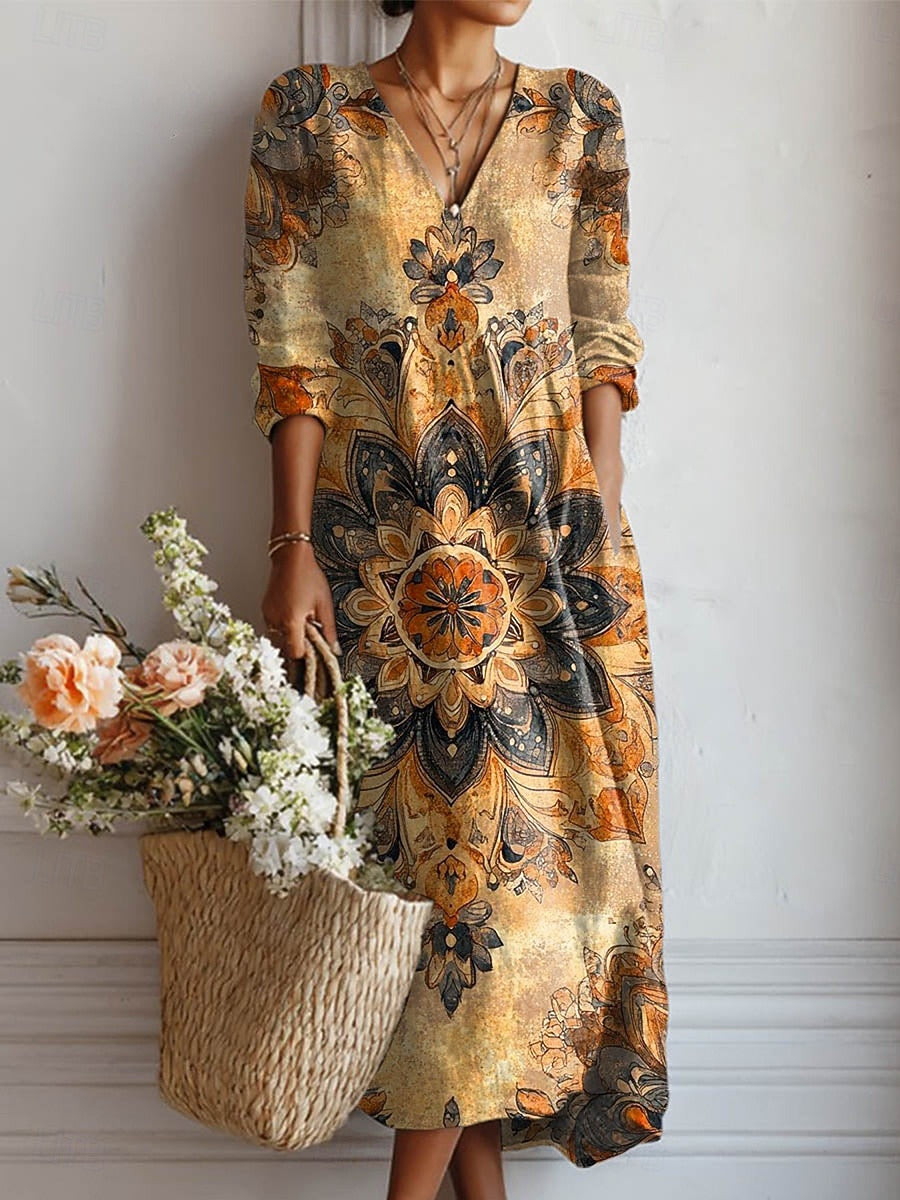 Mandala Print V-Neck A-Line Maxi Dress