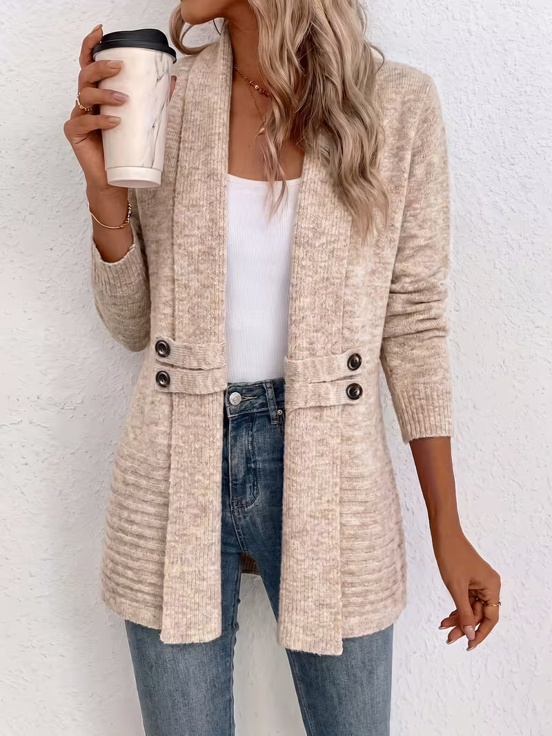 Shawl Collar Open Front Button Tab Ribbed Cardigan