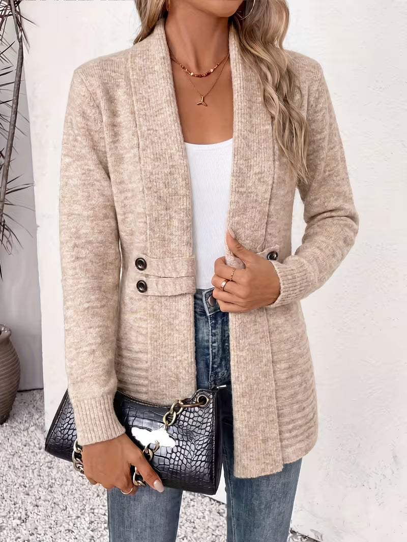 Shawl Collar Open Front Button Tab Ribbed Cardigan