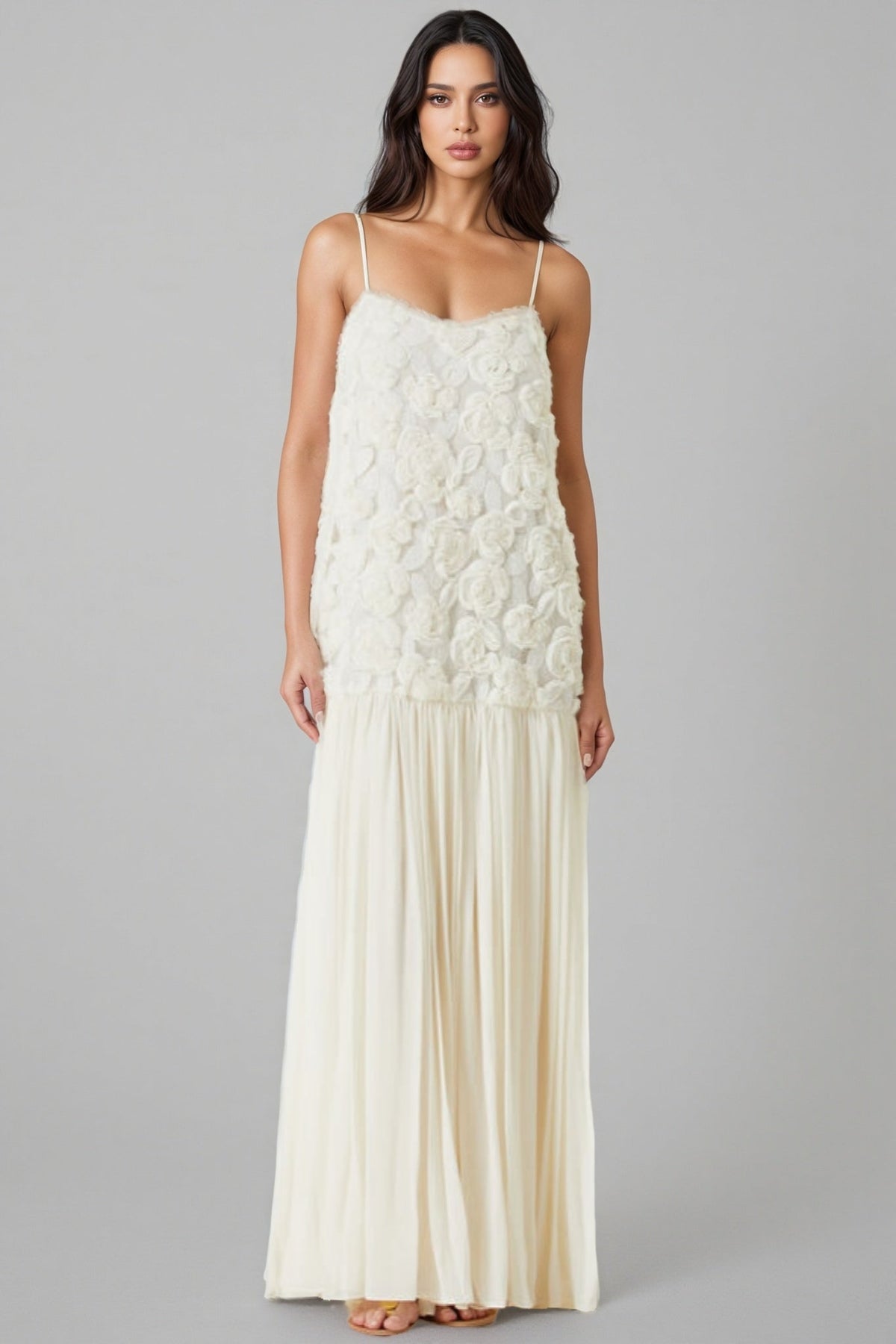 Spaghetti Strap Rosette Applique Bodice Drop Waist Pleated Maxi Dress