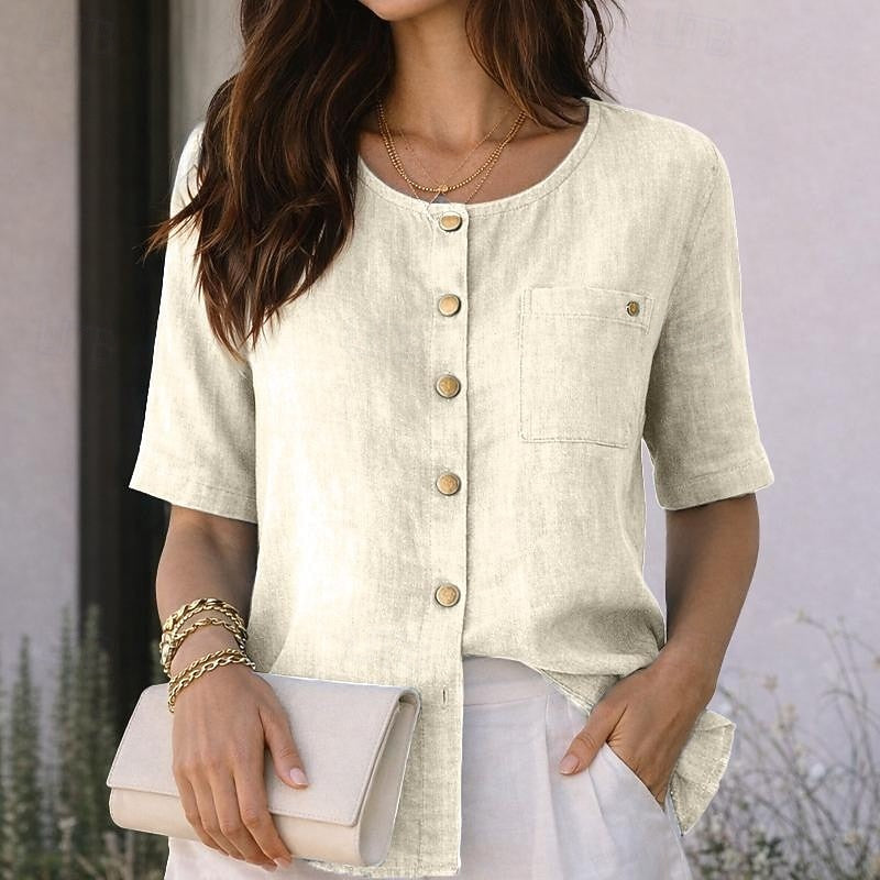 Round Neck Short Sleeve Button Front Blouse