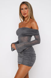 Shimmer Off Shoulder Long Sleeve Ruched Bodycon Mini Dress 8