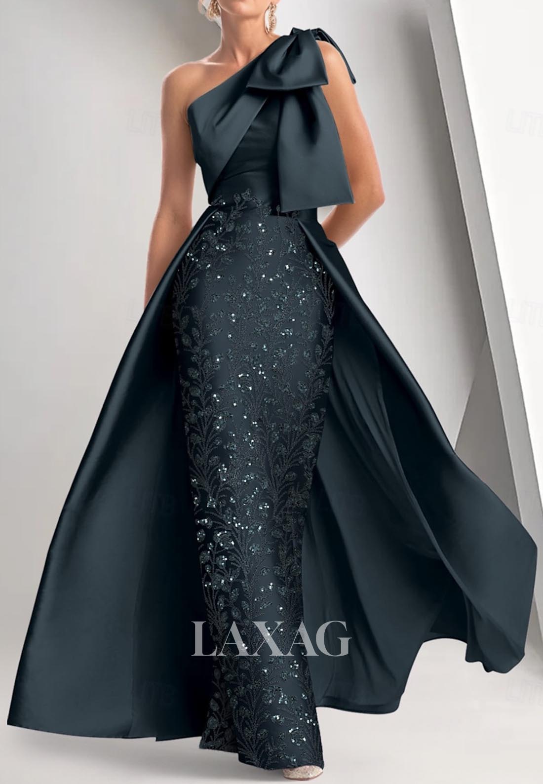 Sequined Embroidered Floor-Length Formal Gowns Asymmetrical-Neck Sleeveless Mermaid Evening Dress