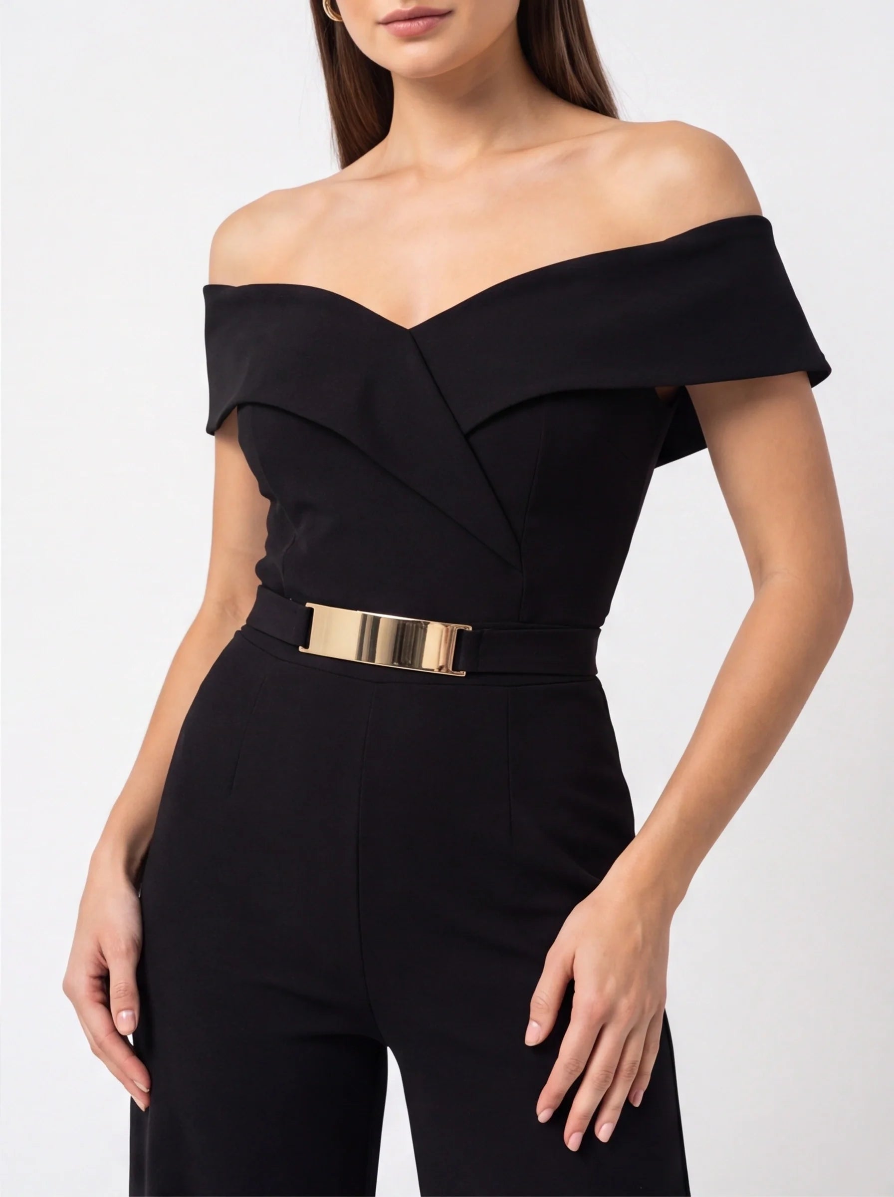 Women's Black Wide-Leg Off-Shoulder Jumpsuit for Cocktail Party & Wedding Guest