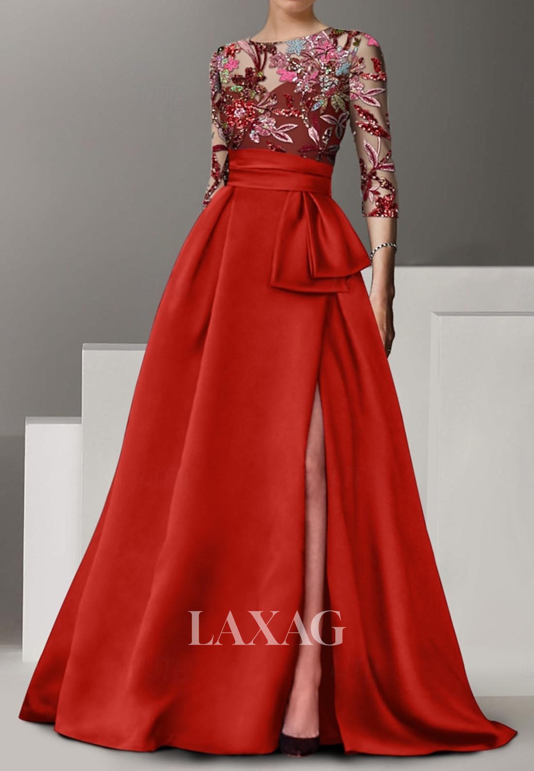 Half-Sleeves Floor-Length Formal Gowns Scoop-Neck Floral Embroidered Sequined A-Line Evening Dress