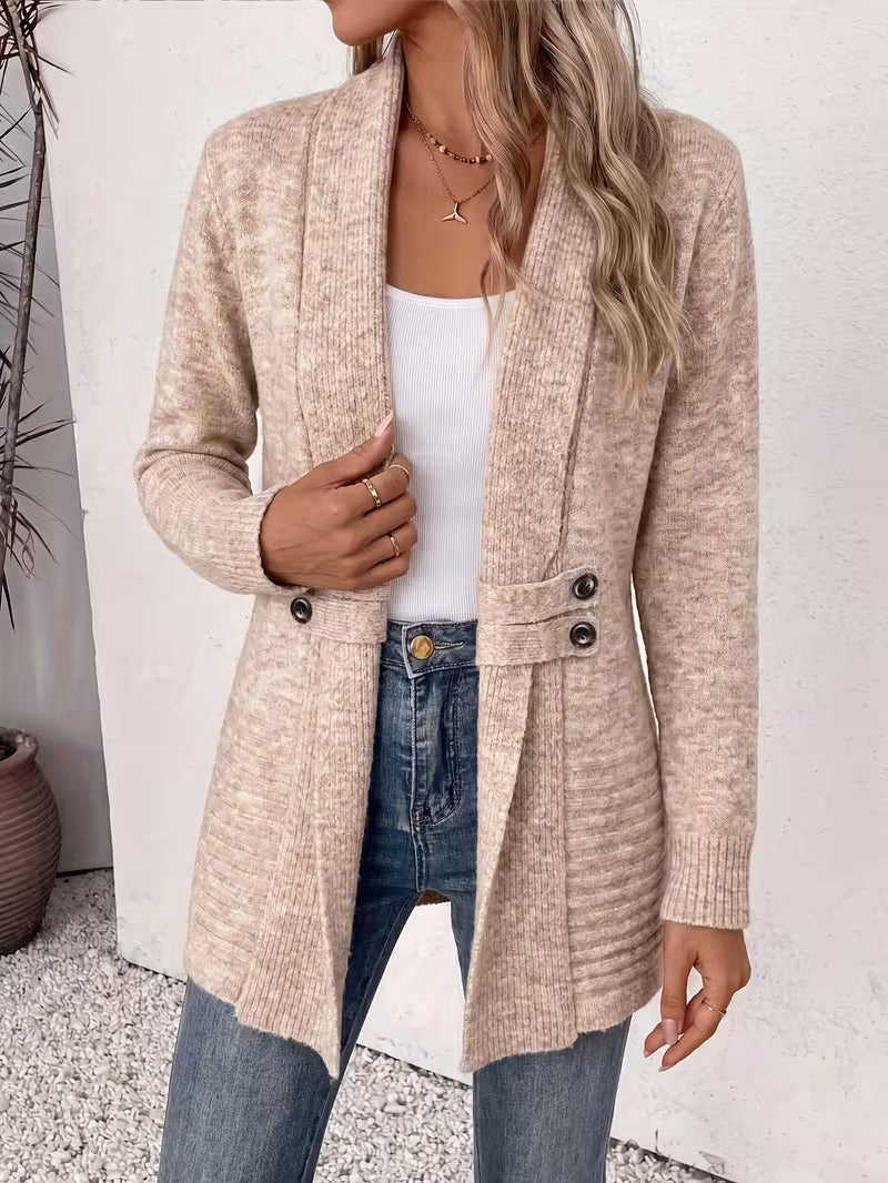 Shawl Collar Open Front Button Tab Ribbed Cardigan