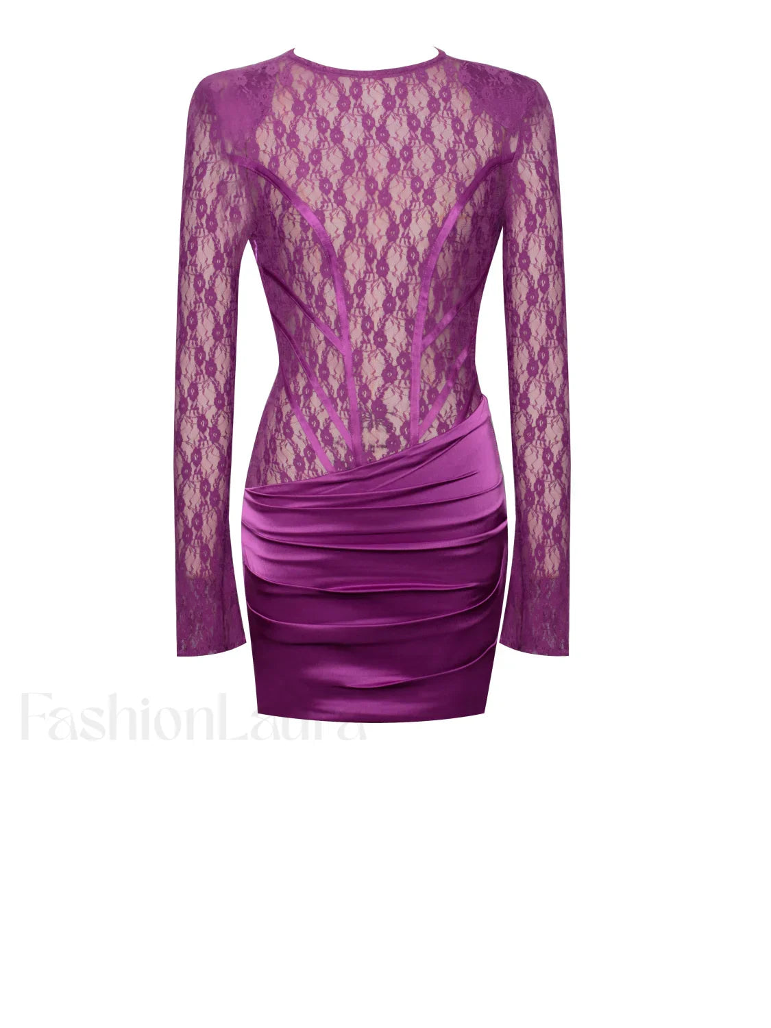 Quartney Purple Long Sleeve Graceful Lace Satin Mini Dress