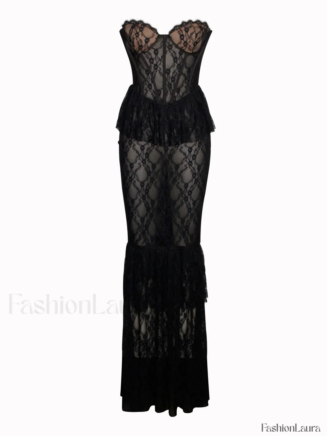 Quennell Black Lace Charming Corset Maxi Dress