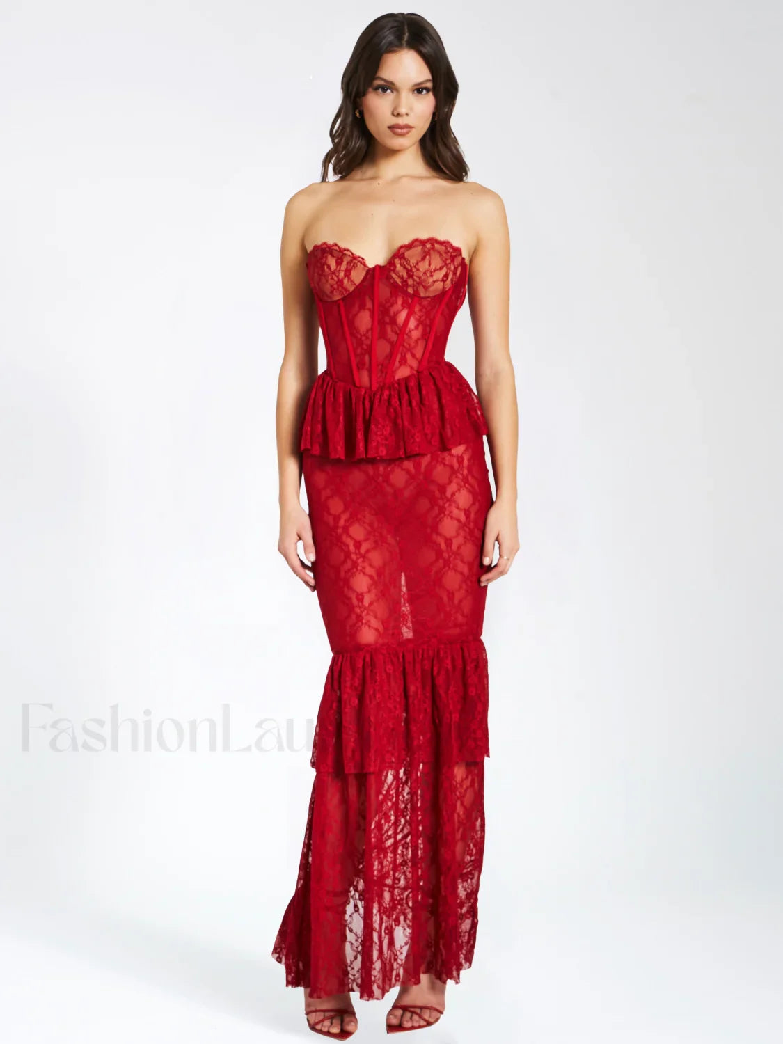 Quennell Burgundy Lace Charming Corset Maxi Dress