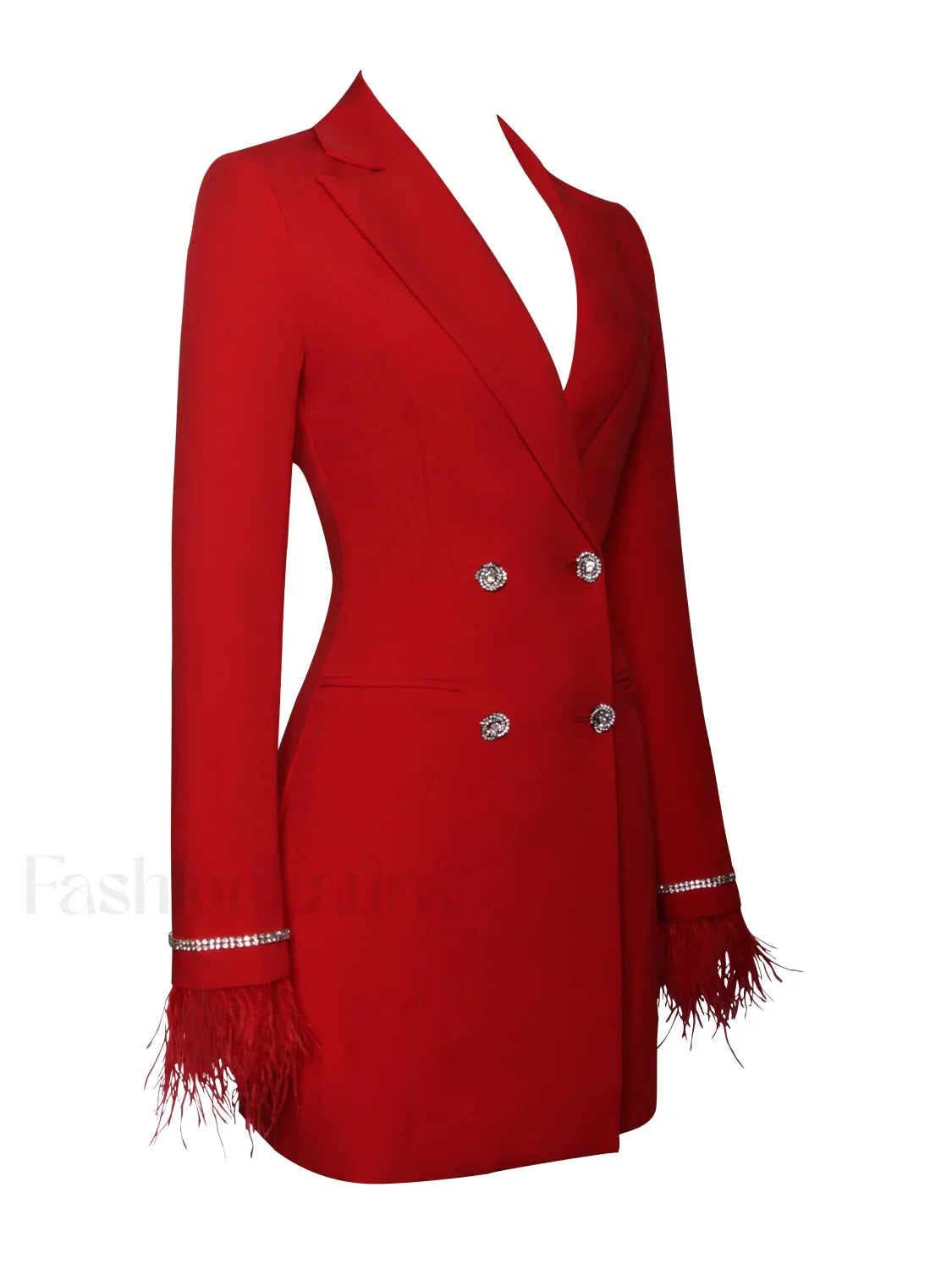 Quilla Red Feather Crystal Graceful Sleeve Backless Blazer Dress