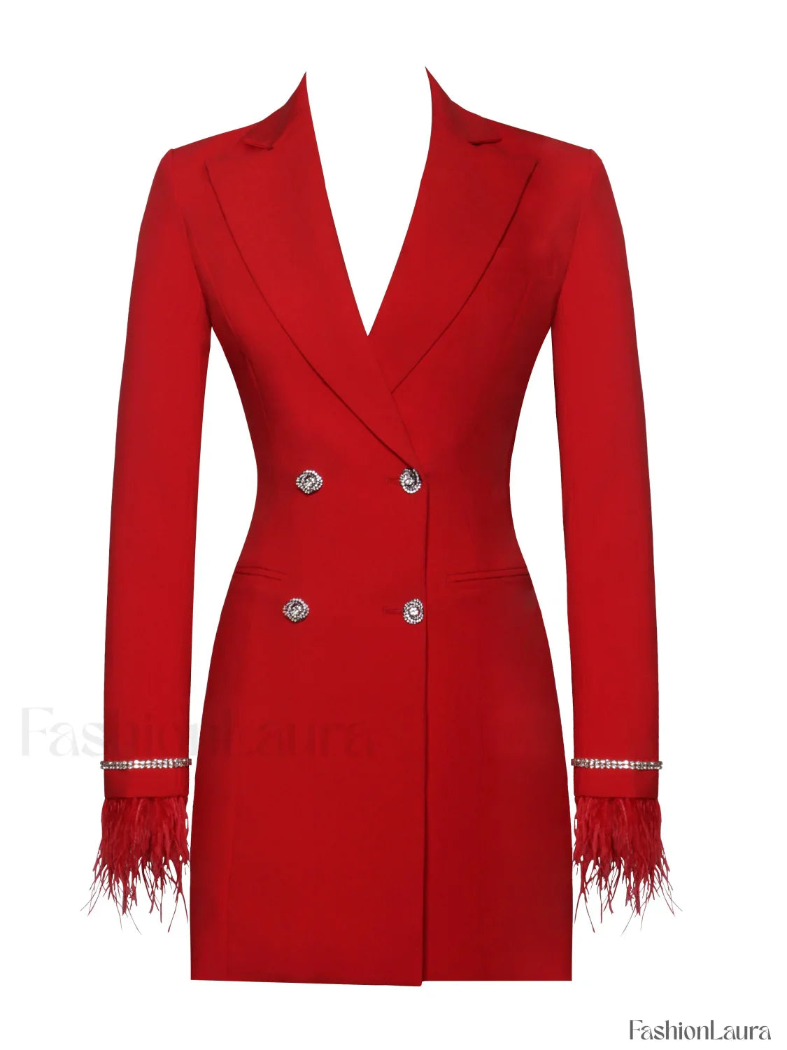 Quilla Red Feather Crystal Graceful Sleeve Backless Blazer Dress