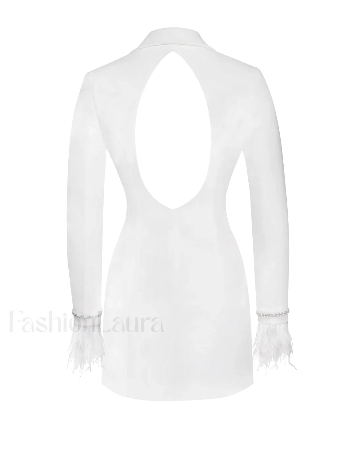 Quilla White Feather Crystal Graceful Sleeve Backless Blazer Dress