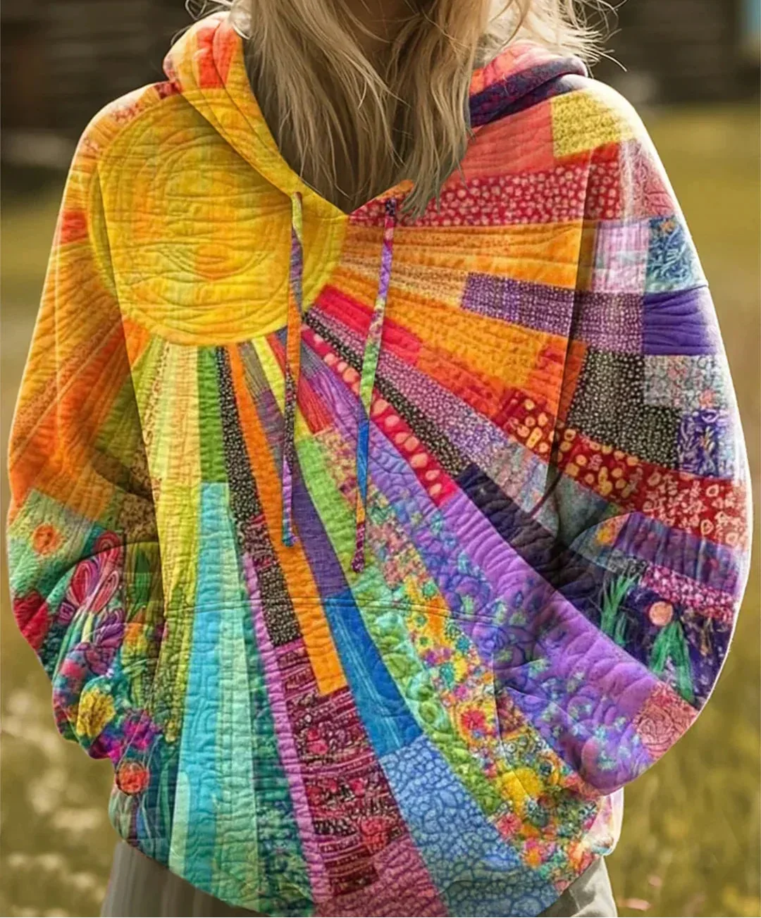 Sunburst Patchwork Print Drawstring Hooded Sweatshirt