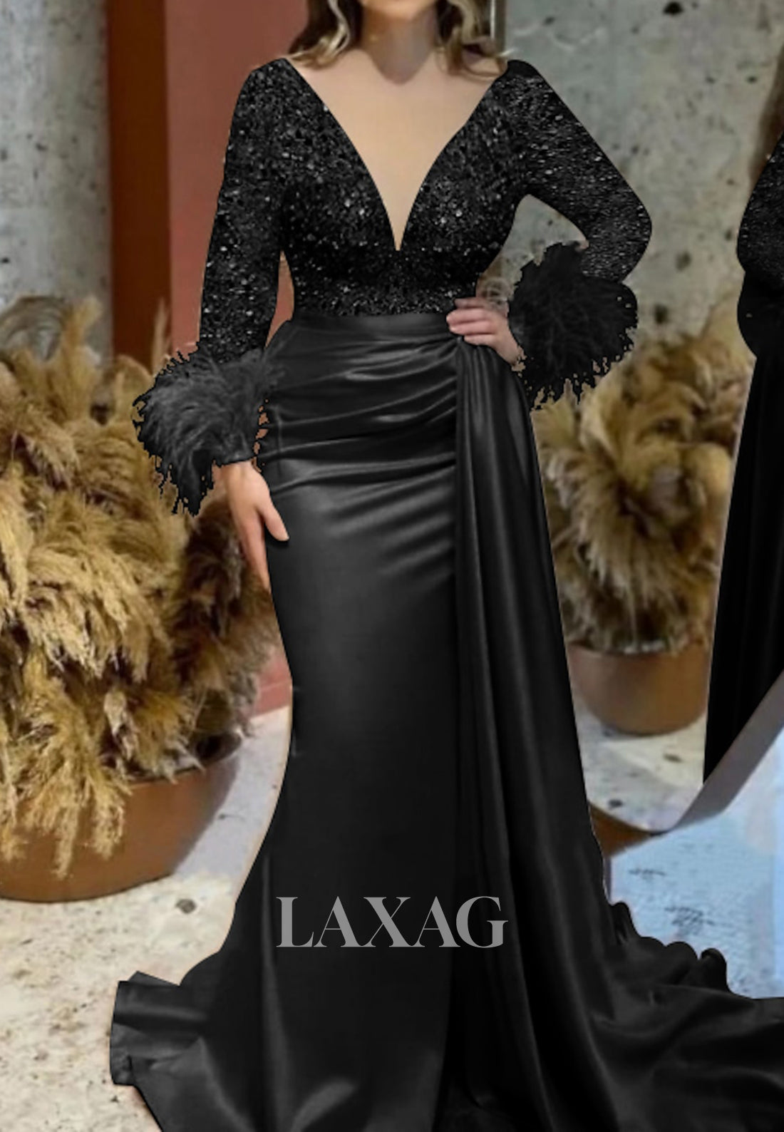 Deep V-Neck Long Sleeves Sequined Beaded Fringed Pleated Mermaid Prom Dress with Sweep Train